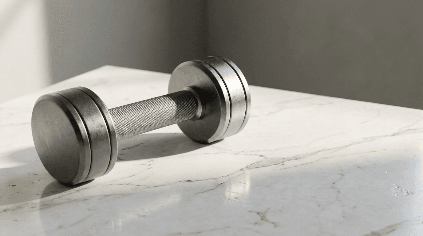 Polished dumbbell on marble surface with studio lighting and soft shadow detail