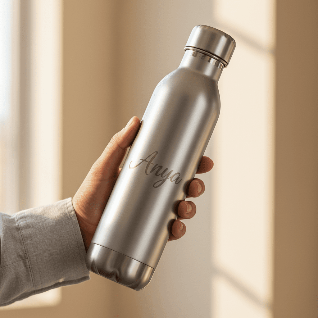 Person holding custom stainless steel water bottle with personalized name engraved on matte surface, illuminated by natural window light