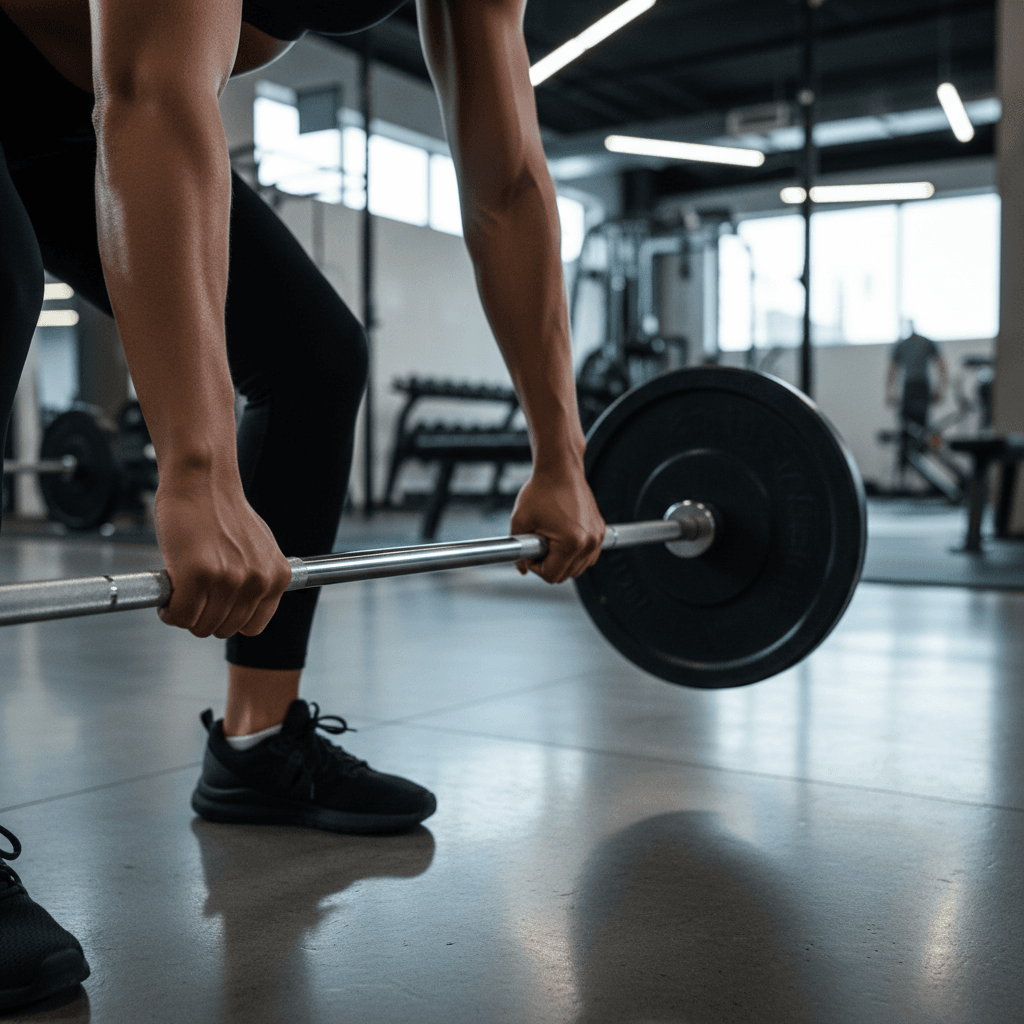 Close-up of athlete's hands gripping barbell during deadlift in modern gym with bright overhead lighting