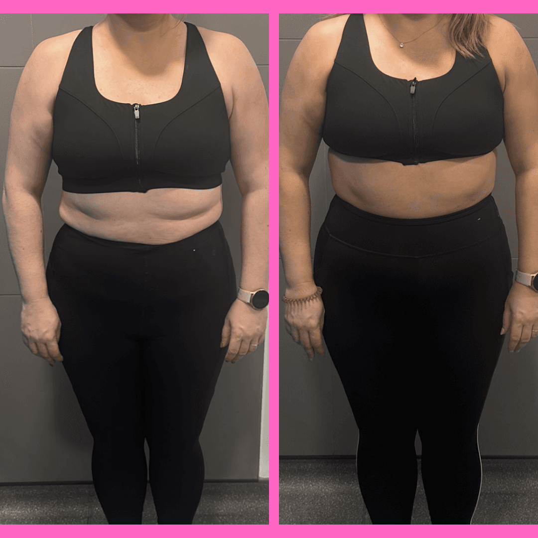 Before and after comparison of a woman in black activewear showing visible weight loss results.