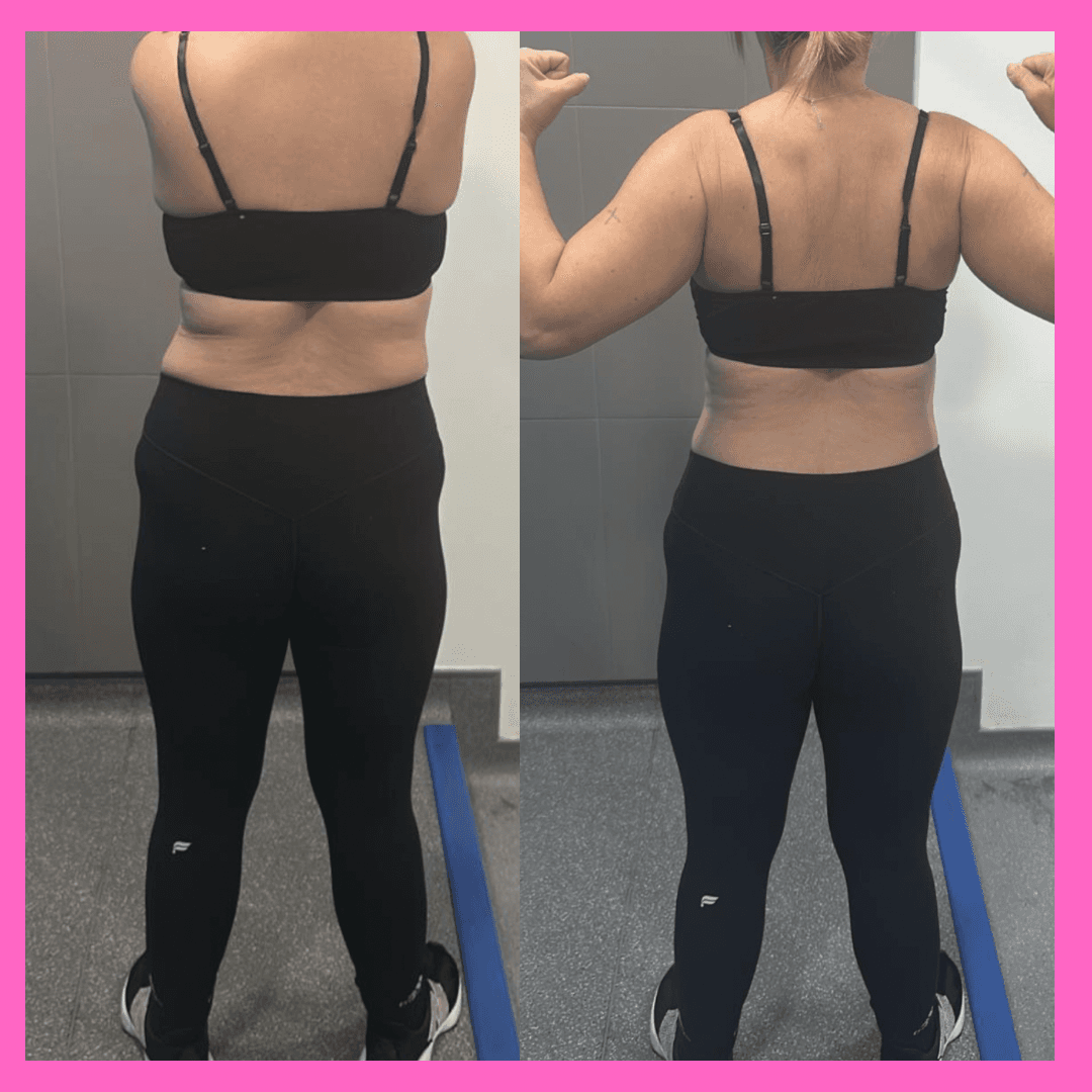 Side-by-side before and after photos of a woman's back and waist in black workout clothing.