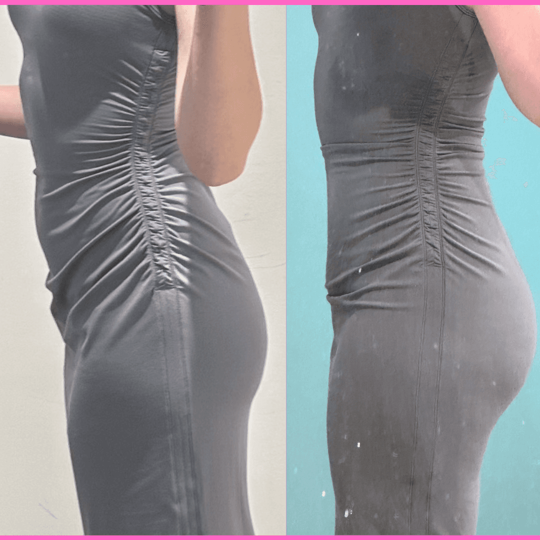 Side profile comparison of a person in a grey ruched dress showing body transformation results.