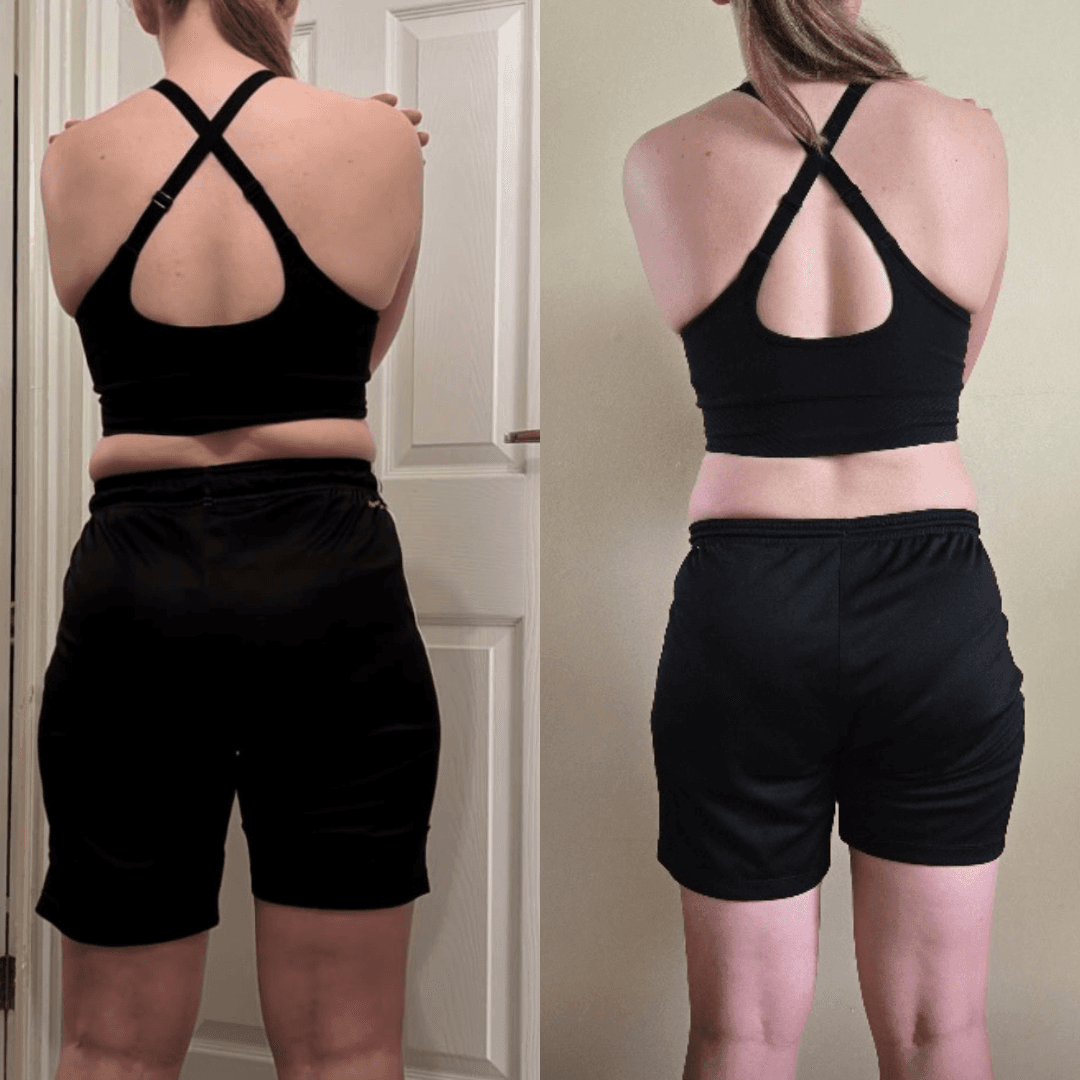 Side-by-side back view of a woman in black athletic wear showing visible fitness progress.